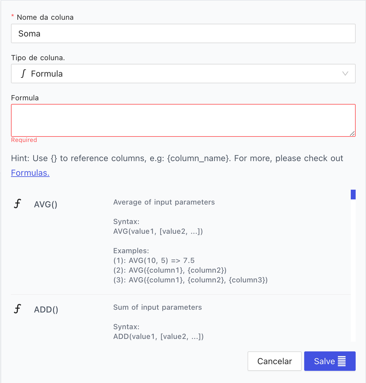 Inclusão de formulas no NocoDB - Smartflow Sistemas